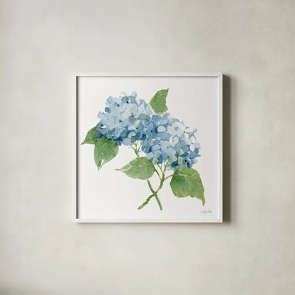 Blue Hydrangea II by Katrina Pete. Shown in a crisp white glass frame for a clean and minimalist style. Available as an archival giclee rolled canvas, fine art paper, or poster print. SKU 96896a.