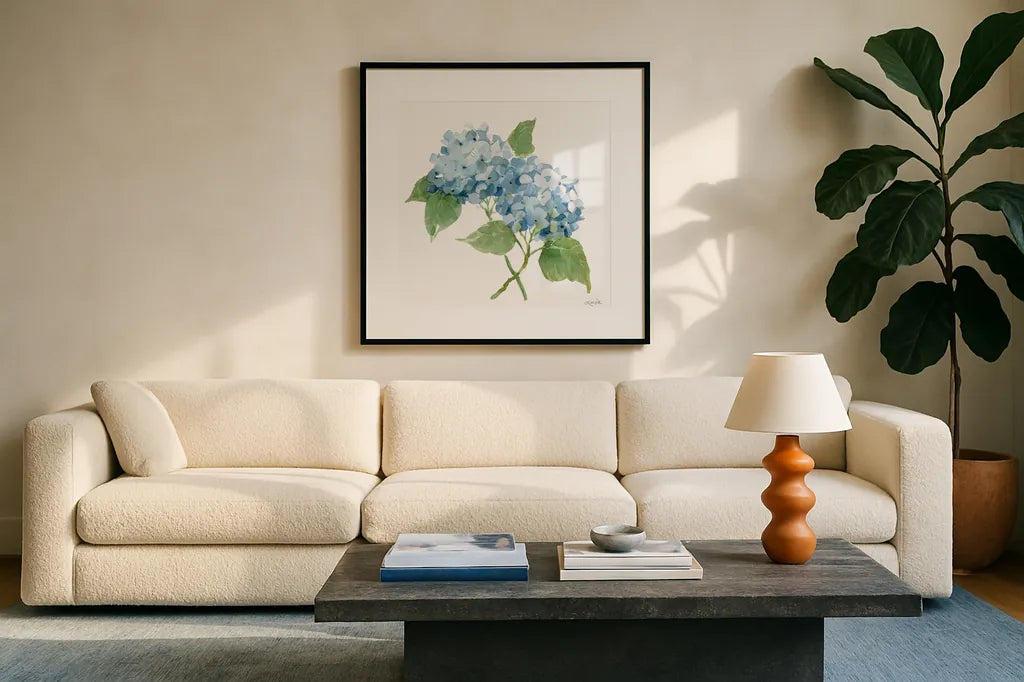 Blue Hydrangea II by Katrina Pete. Displayed in a glass frame with matte in a clean modern living room. Available as an archival giclee rolled canvas, fine art paper, or poster print. SKU 96896a.