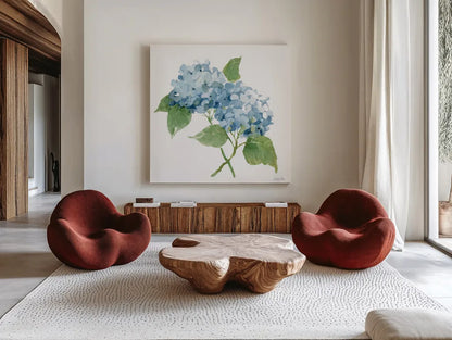 Blue Hydrangea II by Katrina Pete. Shown as extra-large giant wall art in a modern living room. Available as an archival giclee rolled canvas, fine art paper, or poster print. SKU 96896a.