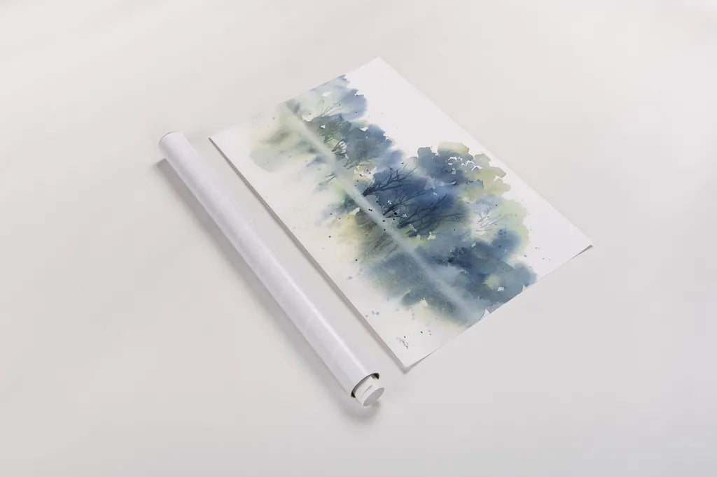 Blue Pond Reflections by Katrina Pete. shown as a rolled paper print. Available as archival giclee rolled canvas, fine art paper, or poster print. SKU 71251i.