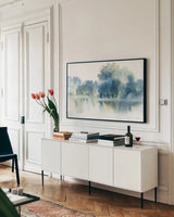 Blue Pond Reflections by Katrina Pete. shown as a framed stretched canvas in a living room above a console. Available as a archival giclee rolled canvas, fine art paper, or poster print. SKU 71251i.