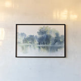 Blue Pond Reflections by Katrina Pete. shown as a paper print in a black flame. Available as a archival giclee rolled canvas, fine art paper, or poster print. SKU 71251i.
