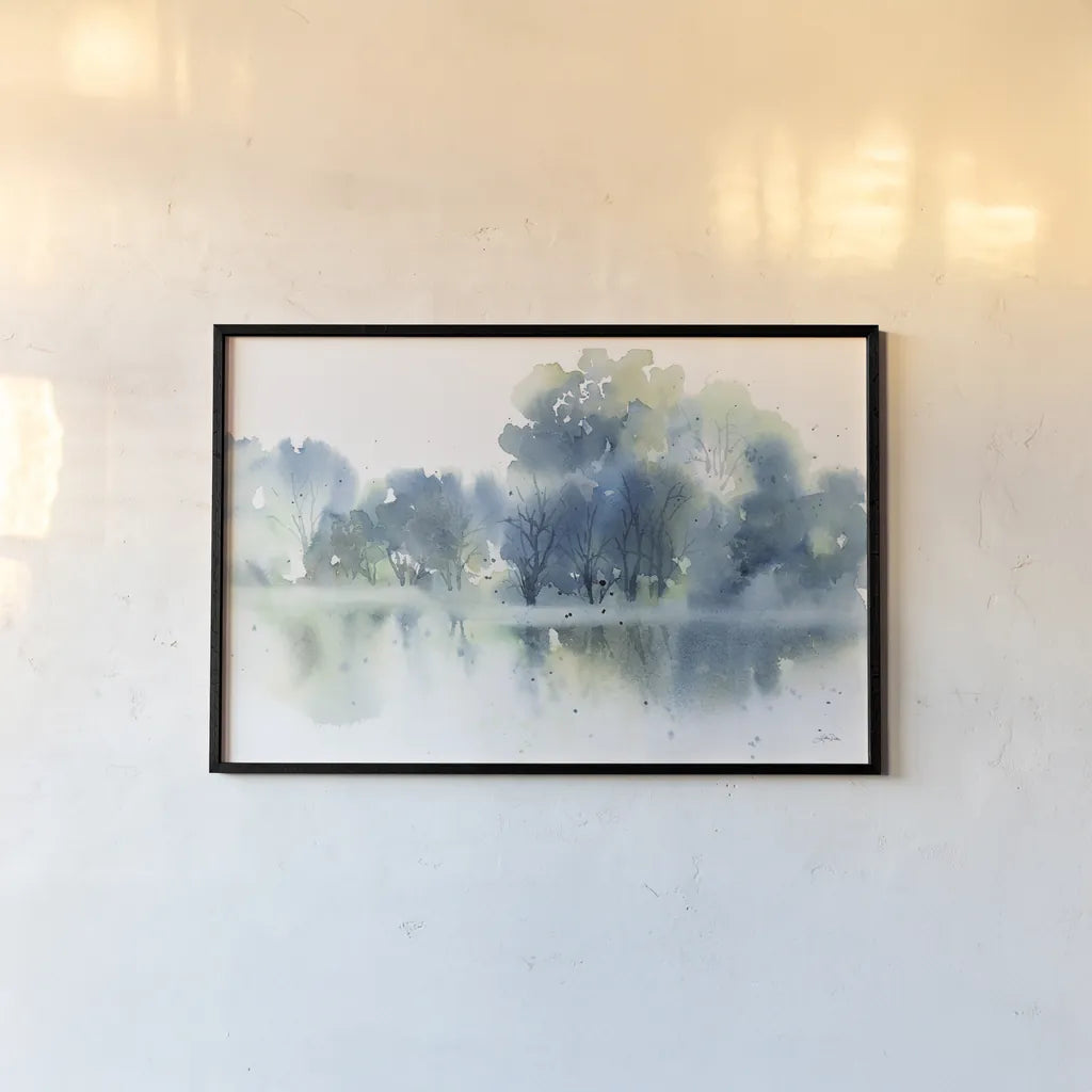 Blue Pond Reflections by Katrina Pete. shown as a paper print in a black flame. Available as a archival giclee rolled canvas, fine art paper, or poster print. SKU 71251i.