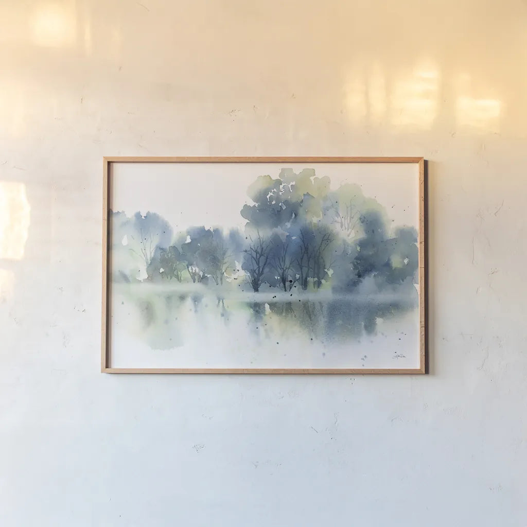 Blue Pond Reflections by Katrina Pete. shown as a paper print in a natural frame. Available as a archival giclee rolled canvas, fine art paper, or poster print. SKU 71251i.