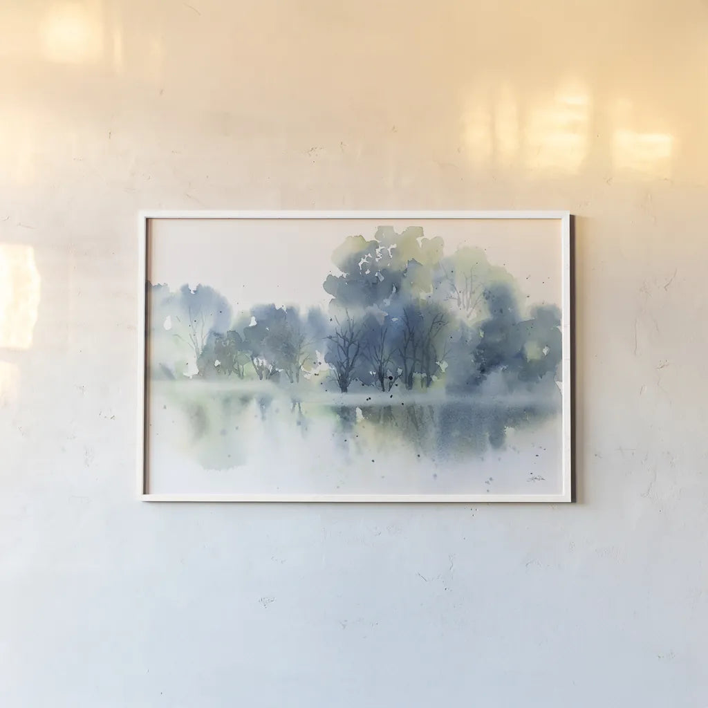 Blue Pond Reflections by Katrina Pete. shown as a paper print in a white frame. Available as a archival giclee rolled canvas, fine art paper, or poster print. SKU 71251i.