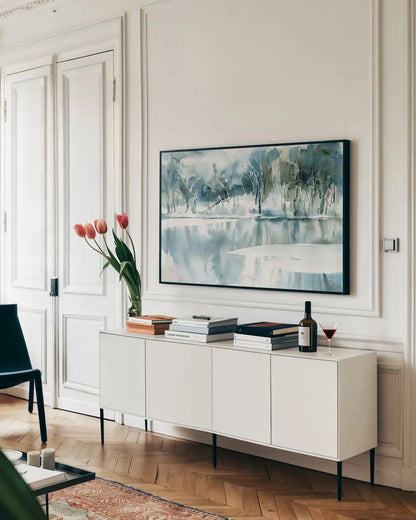 Blue Reflections by Katrina Pete. shown as a framed stretched canvas in a living room above a console. Available as a archival giclee rolled canvas, fine art paper, or poster print. SKU 67439i.