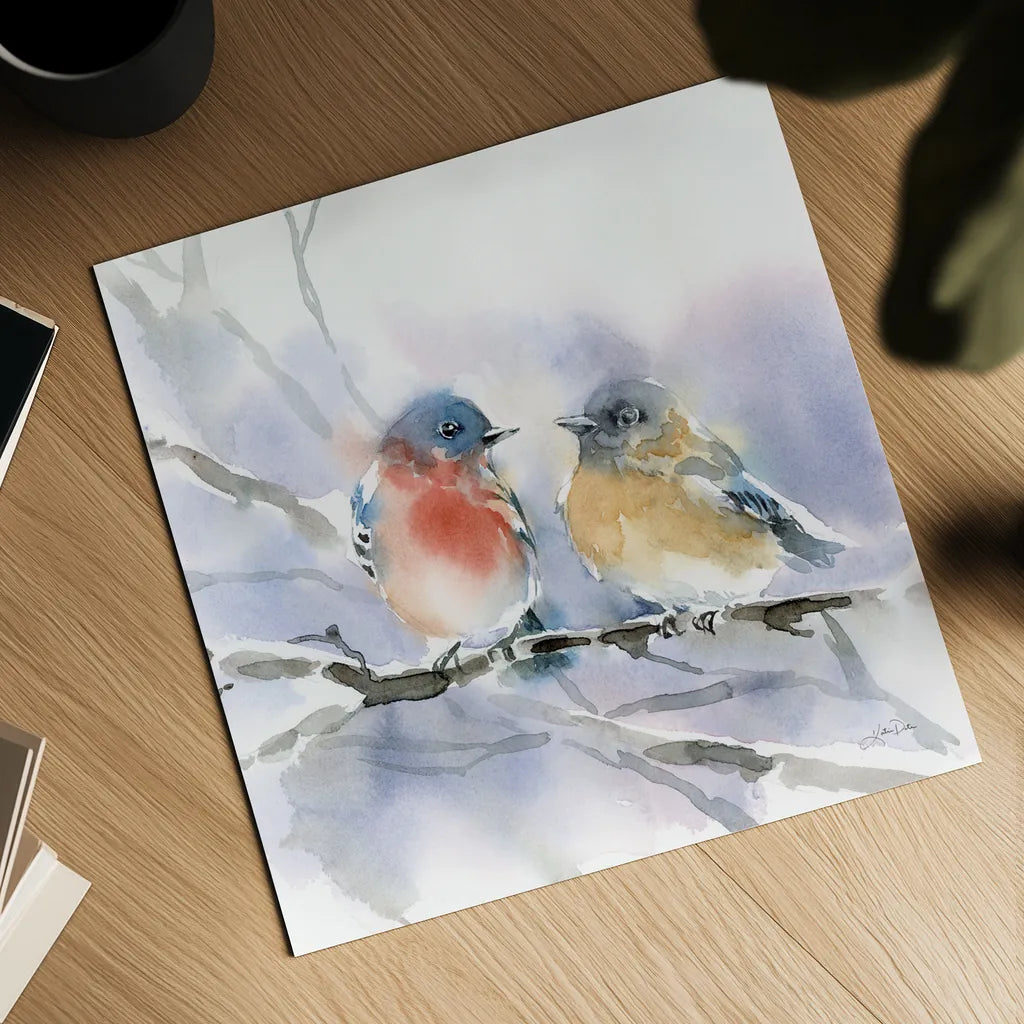 Bluebird Pair by Katrina Pete. Shown as a detailed flat fine art print, highlighting archival giclee quality. Available as an archival giclee rolled canvas, fine art paper, or poster print. SKU 75732a.