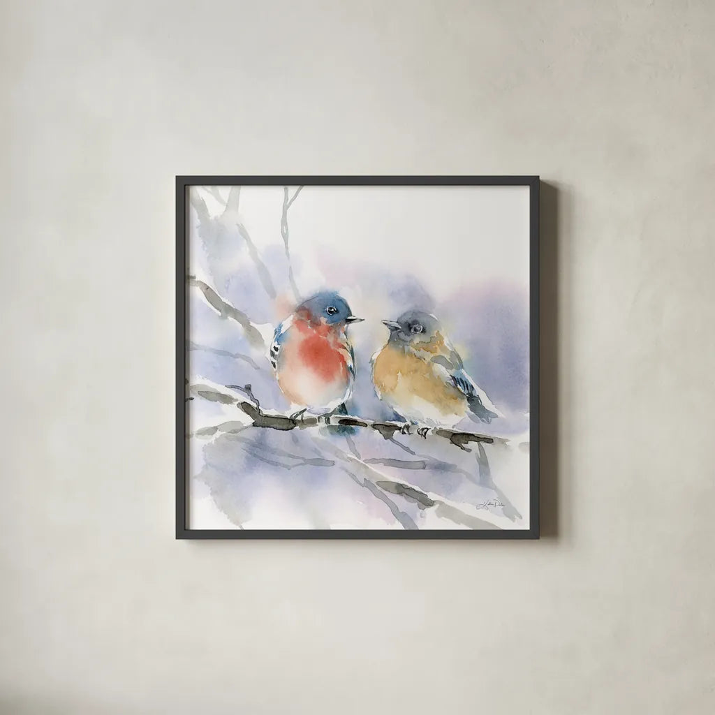 Bluebird Pair by Katrina Pete. Shown in a sleek black glass frame for a contemporary gallery look. Available as an archival giclee rolled canvas, fine art paper, or poster print. SKU 75732a.