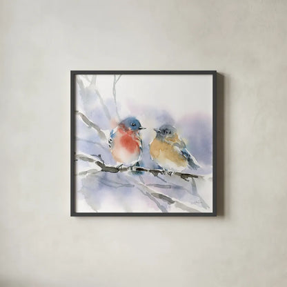Bluebird Pair by Katrina Pete. Shown in a sleek black glass frame for a contemporary gallery look. Available as an archival giclee rolled canvas, fine art paper, or poster print. SKU 75732a.