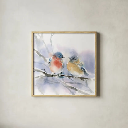 Bluebird Pair by Katrina Pete. Shown in a natural wood glass frame for a timeless modern aesthetic. Available as an archival giclee rolled canvas, fine art paper, or poster print. SKU 75732a.