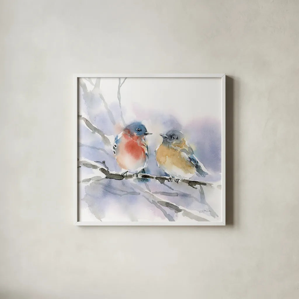 Bluebird Pair by Katrina Pete. Shown in a crisp white glass frame for a clean and minimalist style. Available as an archival giclee rolled canvas, fine art paper, or poster print. SKU 75732a.