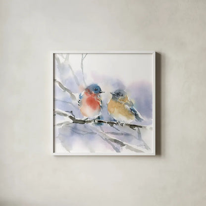 Bluebird Pair by Katrina Pete. Shown in a crisp white glass frame for a clean and minimalist style. Available as an archival giclee rolled canvas, fine art paper, or poster print. SKU 75732a.