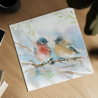 Bluebird Pair in Spring by Katrina Pete. Shown as a detailed flat fine art print, highlighting archival giclee quality. Available as an archival giclee rolled canvas, fine art paper, or poster print. SKU 76169a.