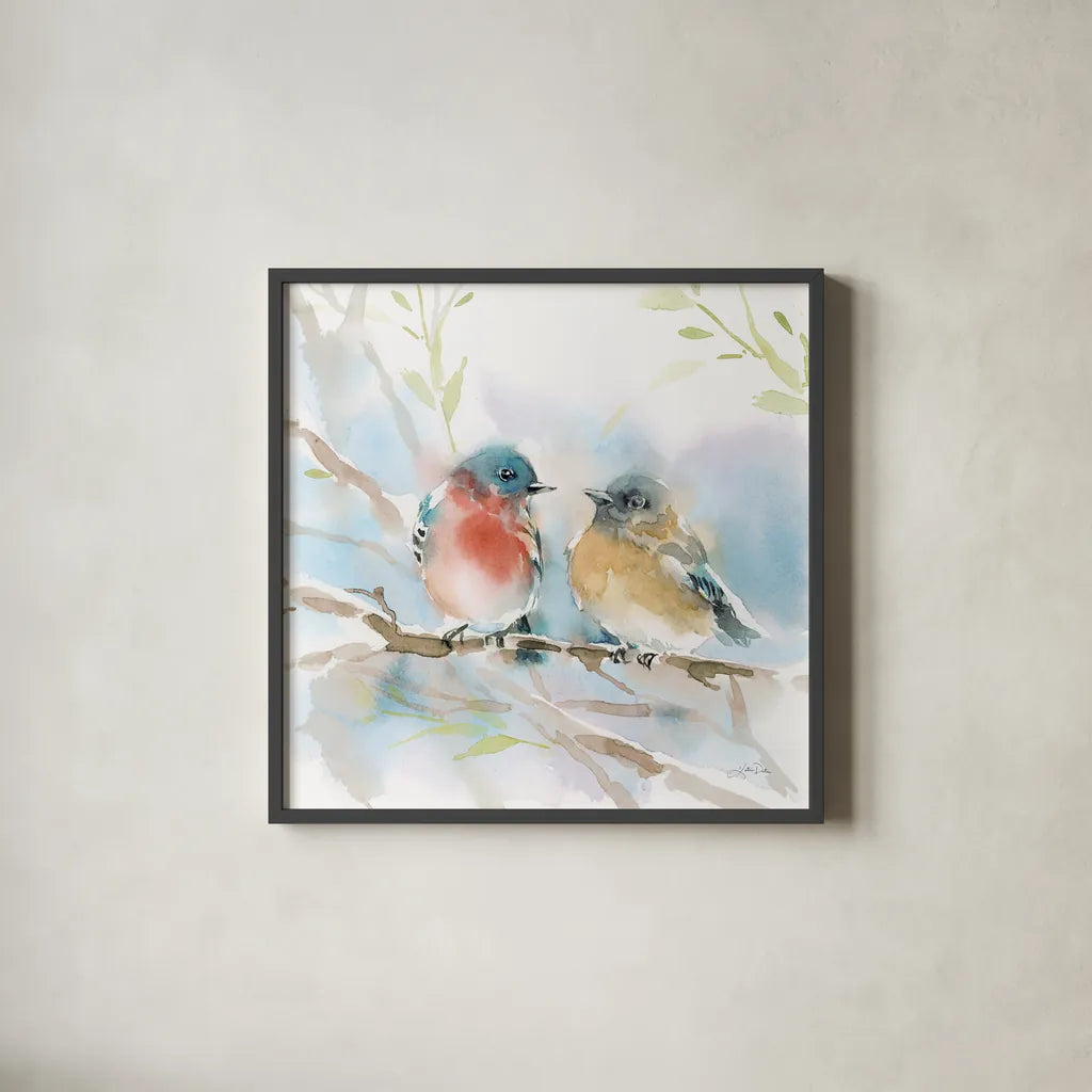 Bluebird Pair in Spring by Katrina Pete. Shown in a sleek black glass frame for a contemporary gallery look. Available as an archival giclee rolled canvas, fine art paper, or poster print. SKU 76169a.