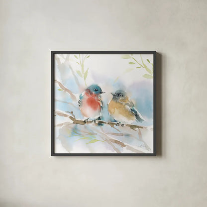 Bluebird Pair in Spring by Katrina Pete. Shown in a sleek black glass frame for a contemporary gallery look. Available as an archival giclee rolled canvas, fine art paper, or poster print. SKU 76169a.