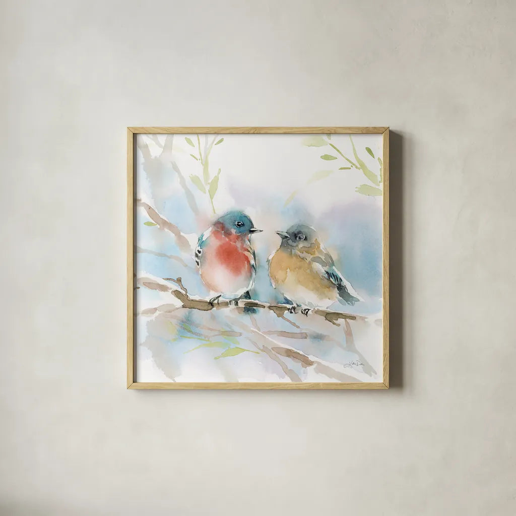 Bluebird Pair in Spring by Katrina Pete. Shown in a natural wood glass frame for a timeless modern aesthetic. Available as an archival giclee rolled canvas, fine art paper, or poster print. SKU 76169a.