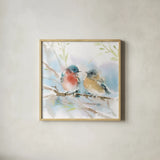 Bluebird Pair in Spring by Katrina Pete. Shown in a natural wood glass frame for a timeless modern aesthetic. Available as an archival giclee rolled canvas, fine art paper, or poster print. SKU 76169a.