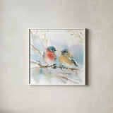 Bluebird Pair in Spring by Katrina Pete. Shown in a crisp white glass frame for a clean and minimalist style. Available as an archival giclee rolled canvas, fine art paper, or poster print. SKU 76169a.