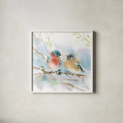 Bluebird Pair in Spring by Katrina Pete. Shown in a crisp white glass frame for a clean and minimalist style. Available as an archival giclee rolled canvas, fine art paper, or poster print. SKU 76169a.