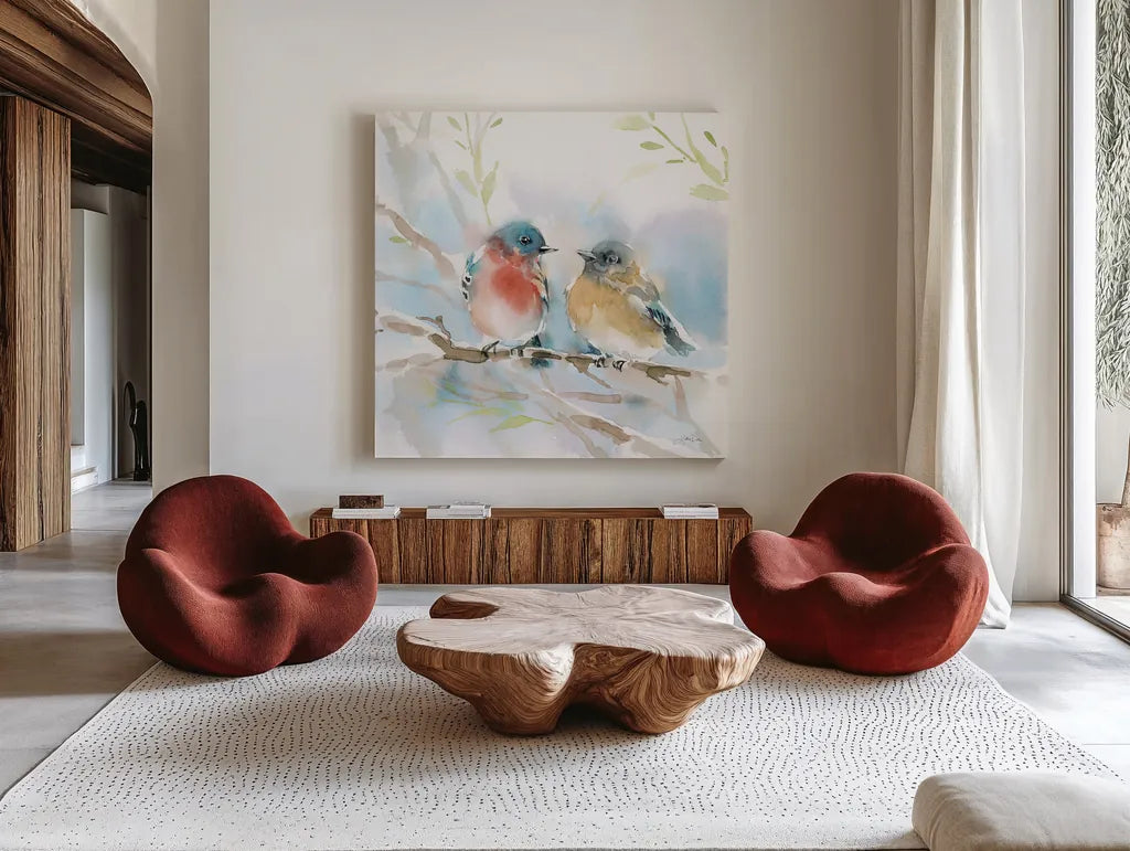 Bluebird Pair in Spring by Katrina Pete. Shown as extra-large giant wall art in a modern living room. Available as an archival giclee rolled canvas, fine art paper, or poster print. SKU 76169a.
