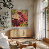 Buckeye Belle by Katrina Pete. Shown in a natural wood frame in a cozy modern living room. Available as an archival giclee rolled canvas, fine art paper, or poster print. SKU 90791a.