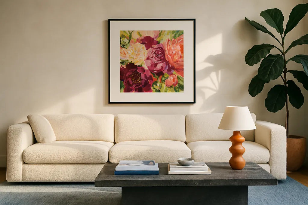 Buckeye Belle by Katrina Pete. Displayed in a glass frame with matte in a clean modern living room. Available as an archival giclee rolled canvas, fine art paper, or poster print. SKU 90791a.