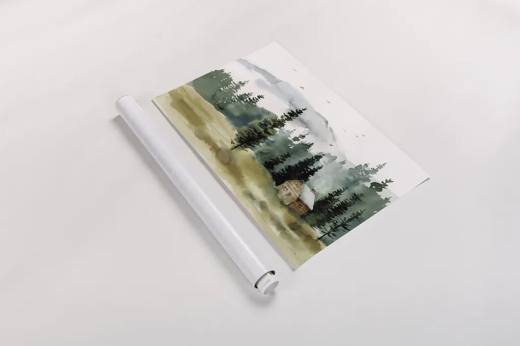 Cabin in the Woods by Katrina Pete. shown as a rolled paper print. Available as archival giclee rolled canvas, fine art paper, or poster print. SKU 83015i.