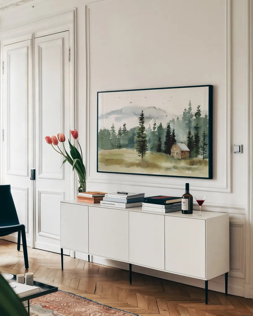 Cabin in the Woods by Katrina Pete. shown as a framed stretched canvas in a living room above a console. Available as a archival giclee rolled canvas, fine art paper, or poster print. SKU 83015i.