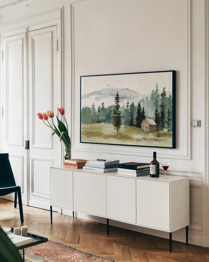 Cabin in the Woods by Katrina Pete. shown as a framed stretched canvas in a living room above a console. Available as a archival giclee rolled canvas, fine art paper, or poster print. SKU 83015i.