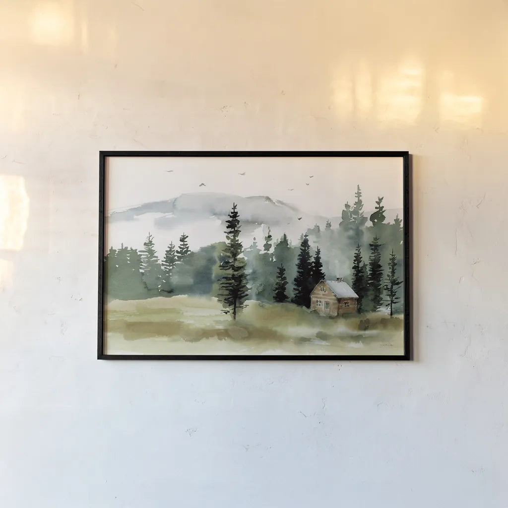 Cabin in the Woods by Katrina Pete. shown as a paper print in a black flame. Available as a archival giclee rolled canvas, fine art paper, or poster print. SKU 83015i.