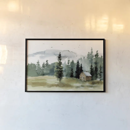 Cabin in the Woods by Katrina Pete. shown as a paper print in a black flame. Available as a archival giclee rolled canvas, fine art paper, or poster print. SKU 83015i.
