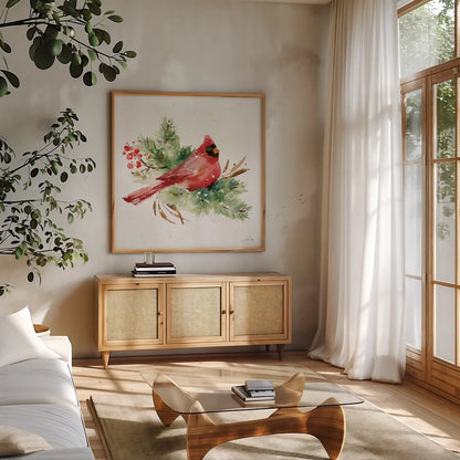 Celebrate the Season I by Katrina Pete. Shown in a natural wood frame in a cozy modern living room. Available as an archival giclee rolled canvas, fine art paper, or poster print. SKU 82241a.