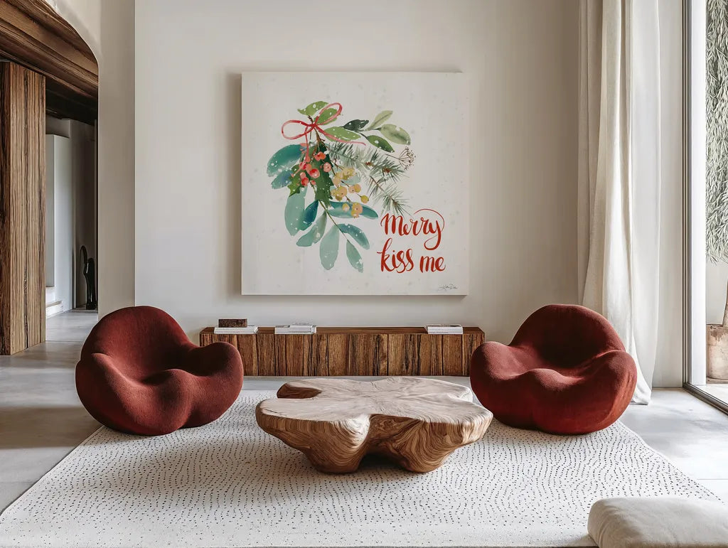 Celebrate the Season III by Katrina Pete. Shown as extra-large giant wall art in a modern living room. Available as an archival giclee rolled canvas, fine art paper, or poster print. SKU 82243a.