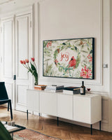 Celebrate the Season V by Katrina Pete. shown as a framed stretched canvas in a living room above a console. Available as a archival giclee rolled canvas, fine art paper, or poster print. SKU 82245i.