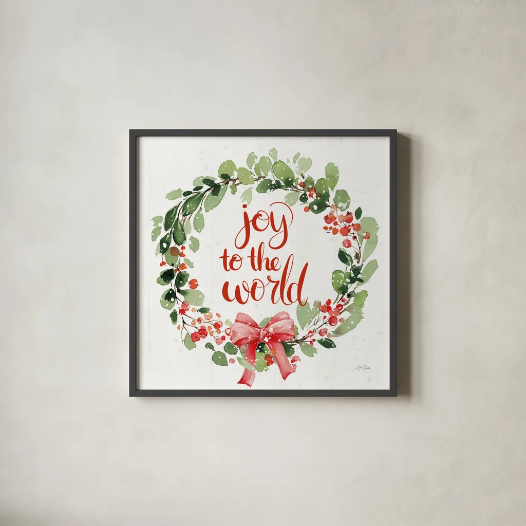 Celebrate the Season Wreath I by Katrina Pete. Shown in a sleek black glass frame for a contemporary gallery look. Available as an archival giclee rolled canvas, fine art paper, or poster print. SKU 82246a.