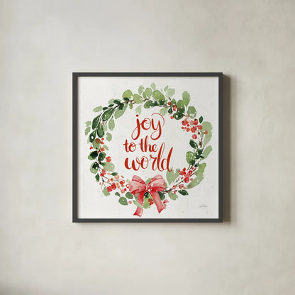 Celebrate the Season Wreath I by Katrina Pete. Shown in a sleek black glass frame for a contemporary gallery look. Available as an archival giclee rolled canvas, fine art paper, or poster print. SKU 82246a.