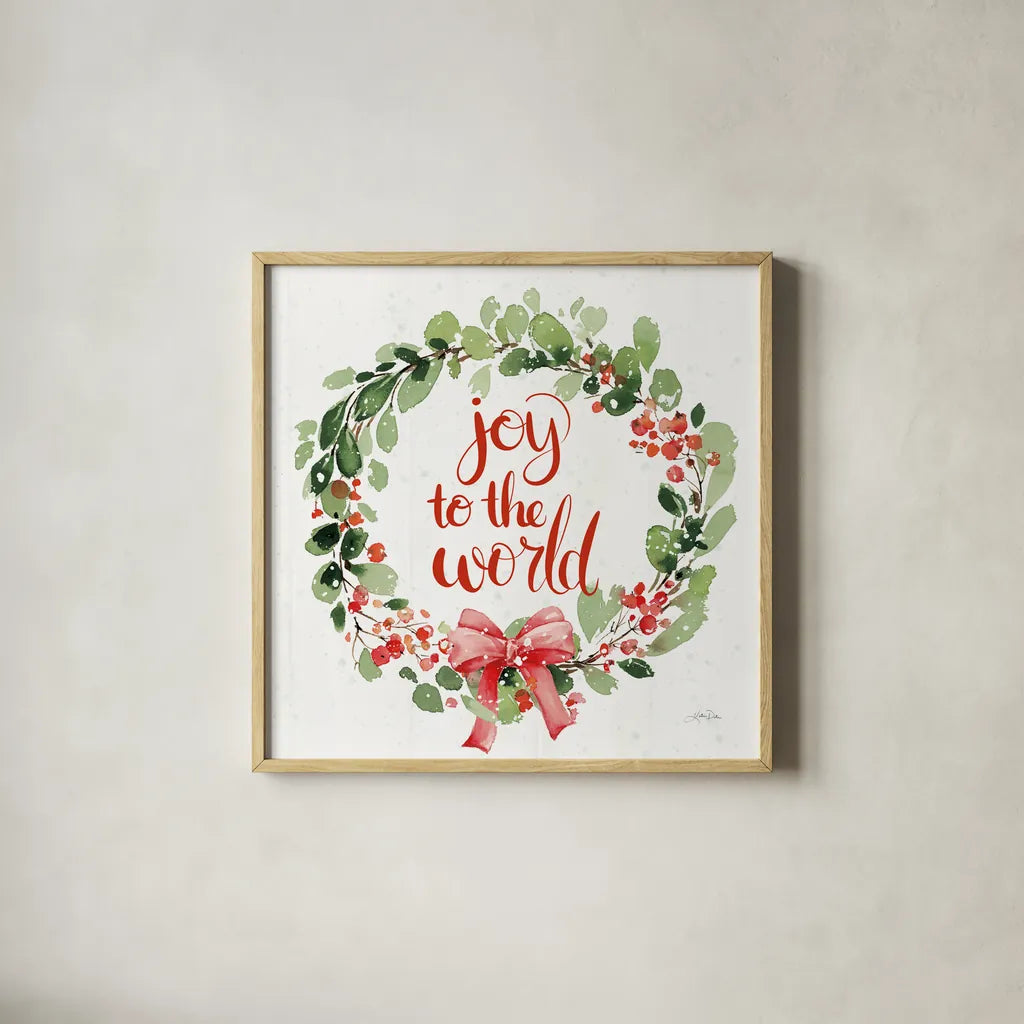 Celebrate the Season Wreath I by Katrina Pete. Shown in a natural wood glass frame for a timeless modern aesthetic. Available as an archival giclee rolled canvas, fine art paper, or poster print. SKU 82246a.