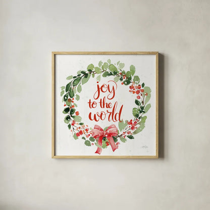 Celebrate the Season Wreath I by Katrina Pete. Shown in a natural wood glass frame for a timeless modern aesthetic. Available as an archival giclee rolled canvas, fine art paper, or poster print. SKU 82246a.