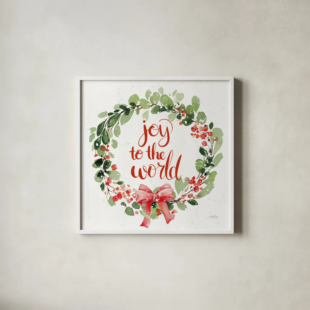 Celebrate the Season Wreath I by Katrina Pete. Shown in a crisp white glass frame for a clean and minimalist style. Available as an archival giclee rolled canvas, fine art paper, or poster print. SKU 82246a.