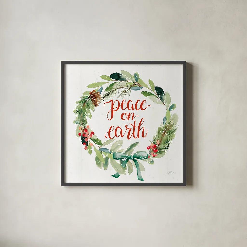 Celebrate the Season Wreath II by Katrina Pete. Shown in a sleek black glass frame for a contemporary gallery look. Available as an archival giclee rolled canvas, fine art paper, or poster print. SKU 82247a.