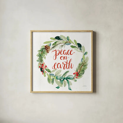 Celebrate the Season Wreath II by Katrina Pete. Shown in a natural wood glass frame for a timeless modern aesthetic. Available as an archival giclee rolled canvas, fine art paper, or poster print. SKU 82247a.