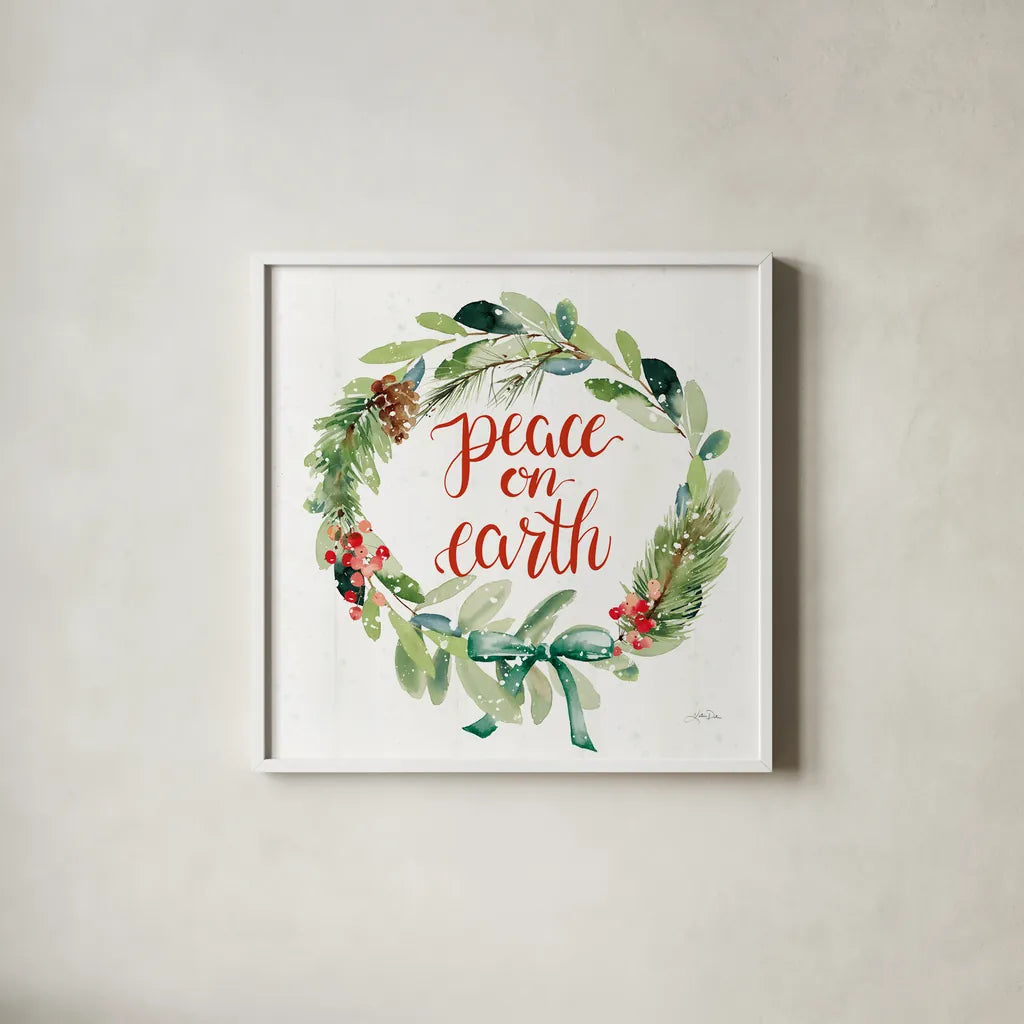 Celebrate the Season Wreath II by Katrina Pete. Shown in a crisp white glass frame for a clean and minimalist style. Available as an archival giclee rolled canvas, fine art paper, or poster print. SKU 82247a.