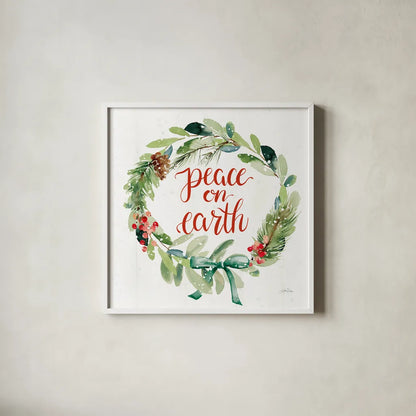 Celebrate the Season Wreath II by Katrina Pete. Shown in a crisp white glass frame for a clean and minimalist style. Available as an archival giclee rolled canvas, fine art paper, or poster print. SKU 82247a.