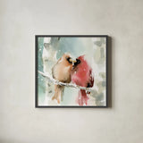 Christmas Cardinals Crop by Katrina Pete. Shown in a sleek black glass frame for a contemporary gallery look. Available as an archival giclee rolled canvas, fine art paper, or poster print. SKU 67437a.