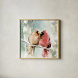 Christmas Cardinals Crop by Katrina Pete. Shown in a natural wood glass frame for a timeless modern aesthetic. Available as an archival giclee rolled canvas, fine art paper, or poster print. SKU 67437a.