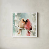 Christmas Cardinals Crop by Katrina Pete. Shown in a crisp white glass frame for a clean and minimalist style. Available as an archival giclee rolled canvas, fine art paper, or poster print. SKU 67437a.