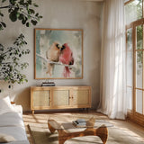 Christmas Cardinals Crop by Katrina Pete. Shown in a natural wood frame in a cozy modern living room. Available as an archival giclee rolled canvas, fine art paper, or poster print. SKU 67437a.