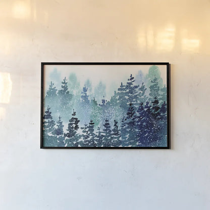 Christmas Forest by Katrina Pete. shown as a paper print in a black flame. Available as a archival giclee rolled canvas, fine art paper, or poster print. SKU 89057i.
