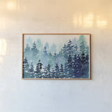 Christmas Forest by Katrina Pete. shown as a paper print in a natural frame. Available as a archival giclee rolled canvas, fine art paper, or poster print. SKU 89057i.
