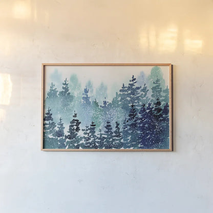 Christmas Forest by Katrina Pete. shown as a paper print in a natural frame. Available as a archival giclee rolled canvas, fine art paper, or poster print. SKU 89057i.